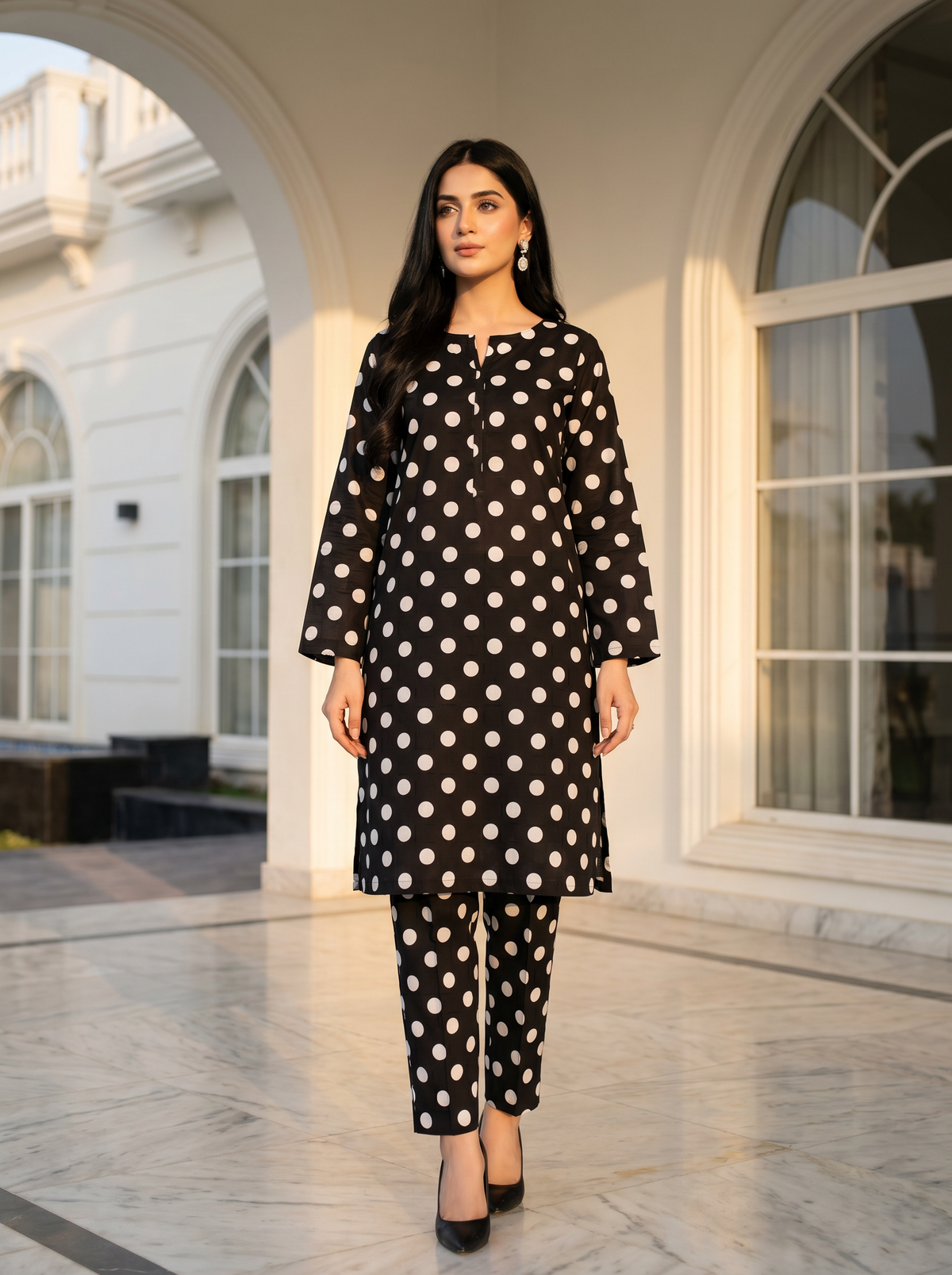 Black Polka Dot 2-Piece Unstitch Women's Suit