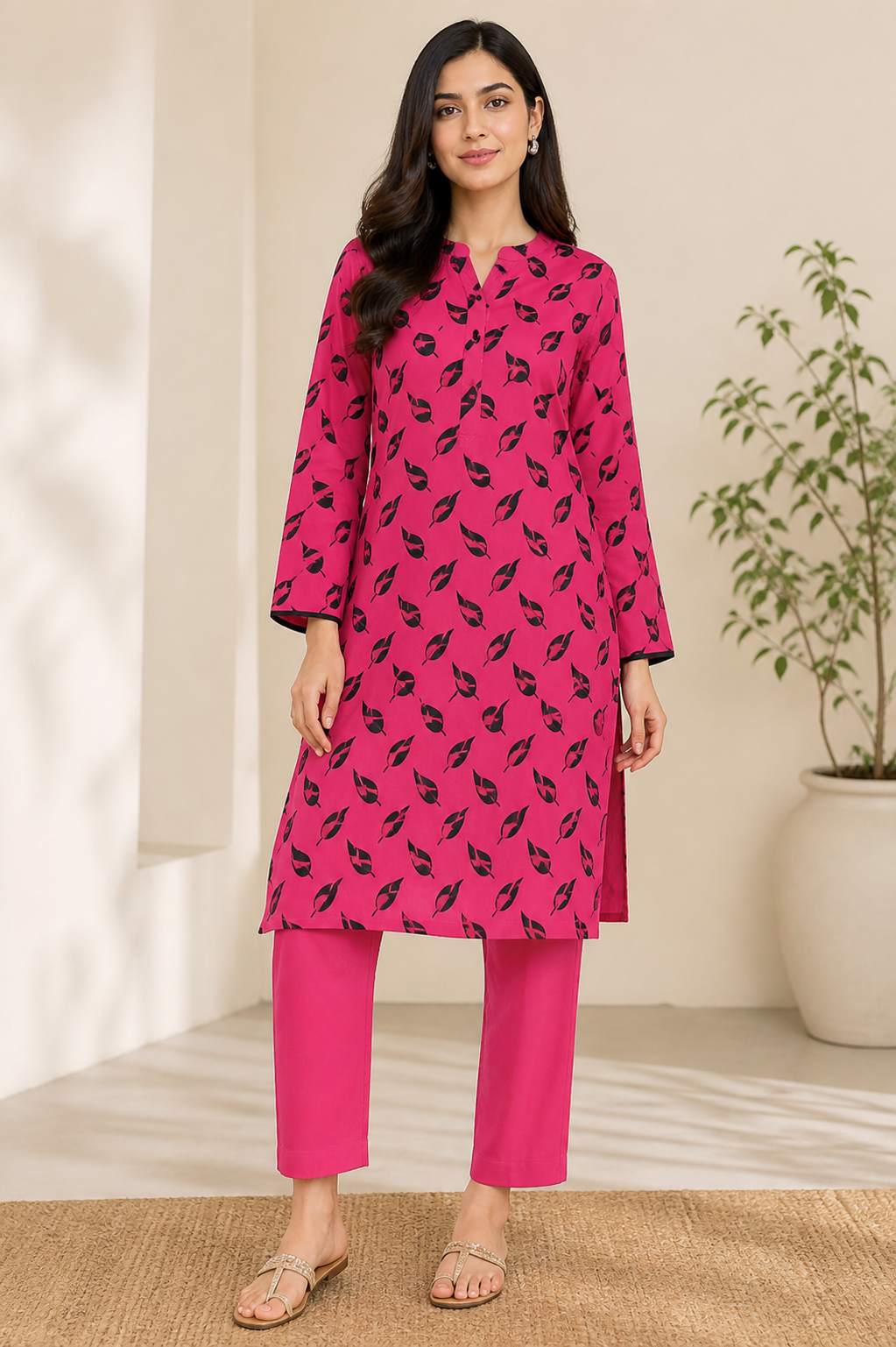 Pink Leaf Printed 2-Piece Unstitch Lawn Suit