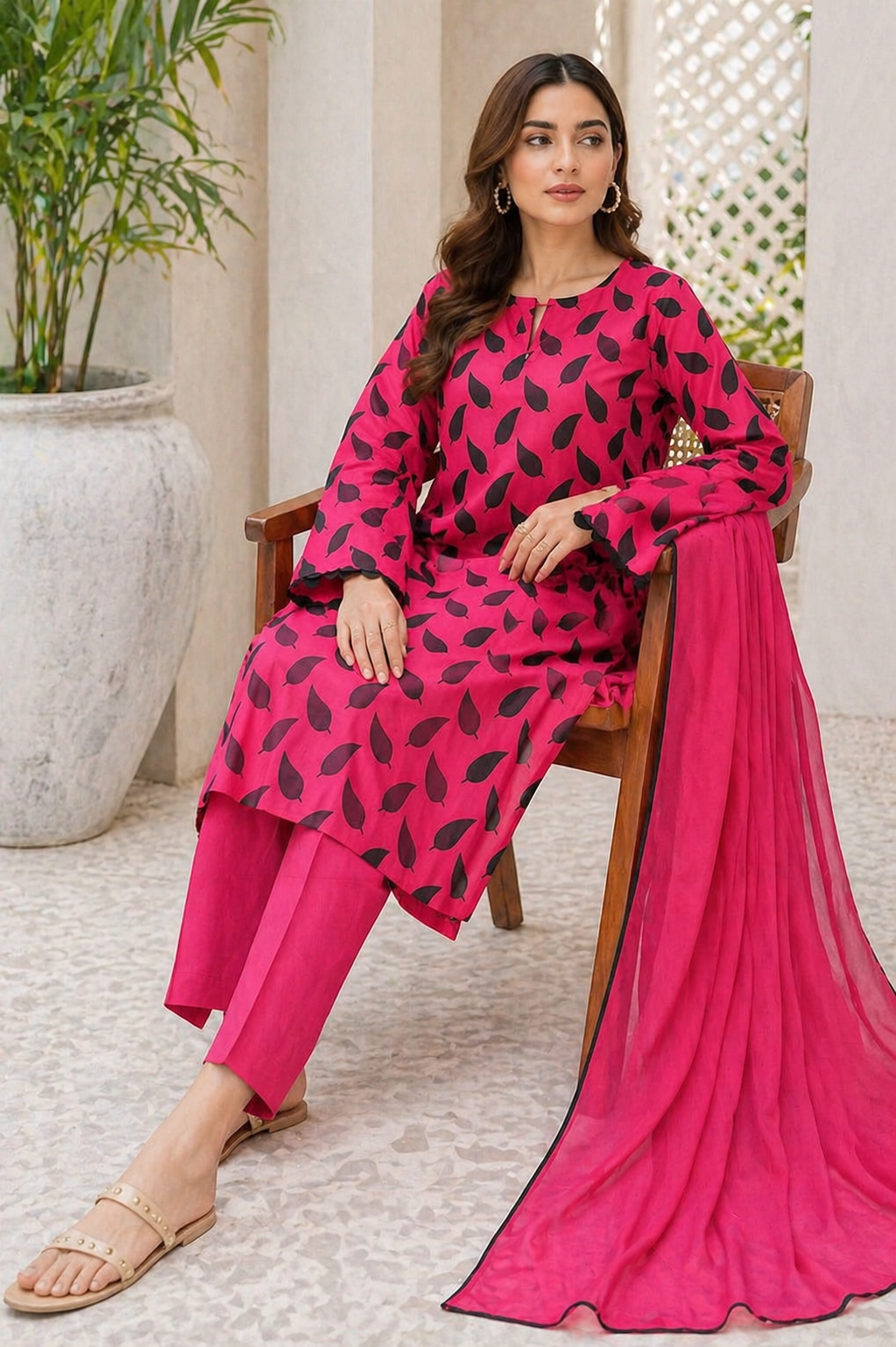 Pink Leaf Printed 2-Piece Unstitch Lawn Suit