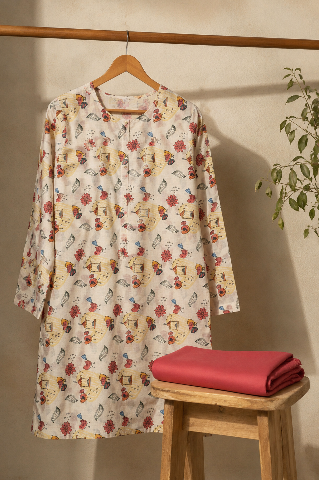 Cream Printed 2 Piece Unstitch Lawn Suit