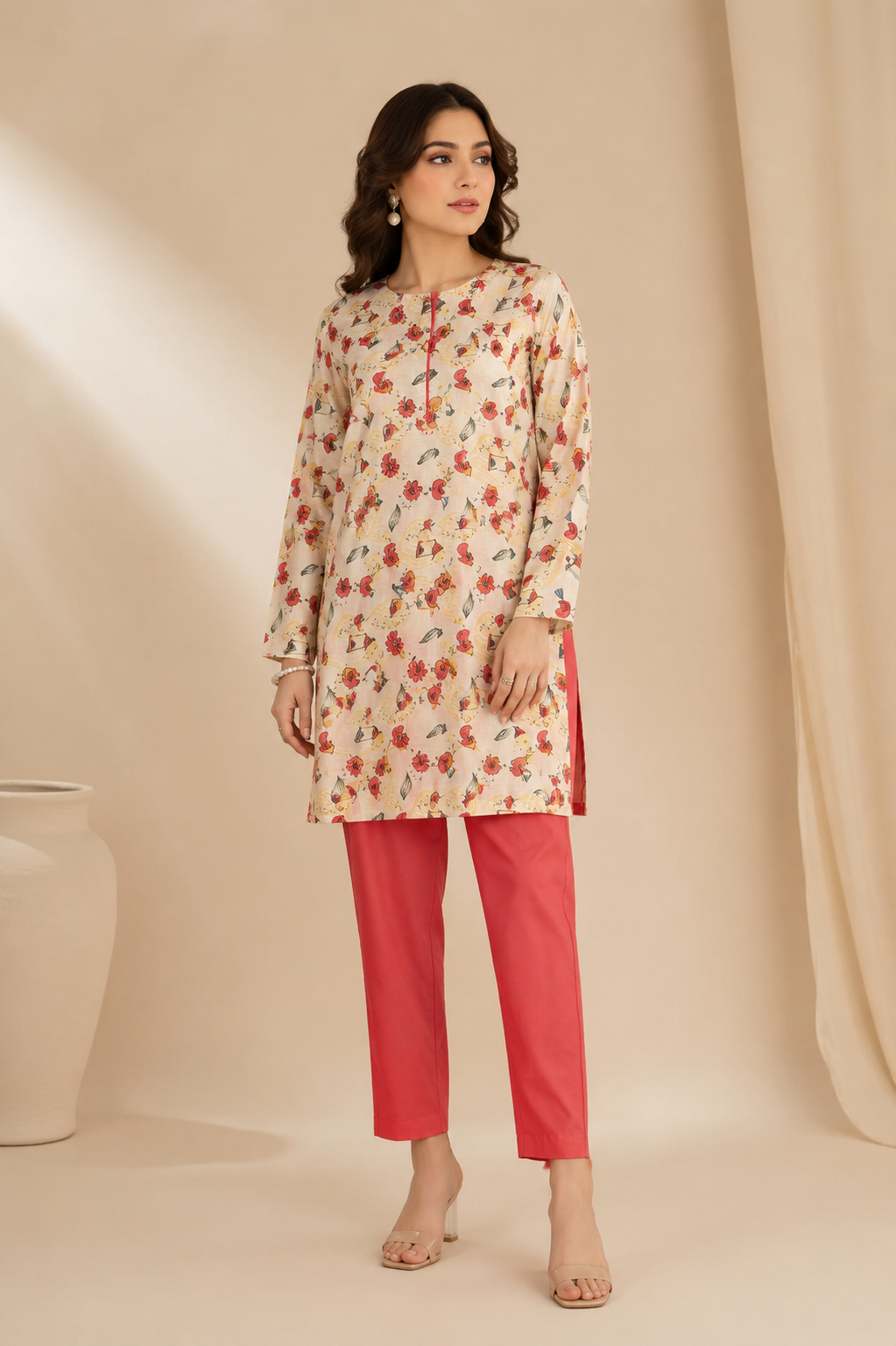 Cream Printed 2 Piece Unstitch Lawn Suit