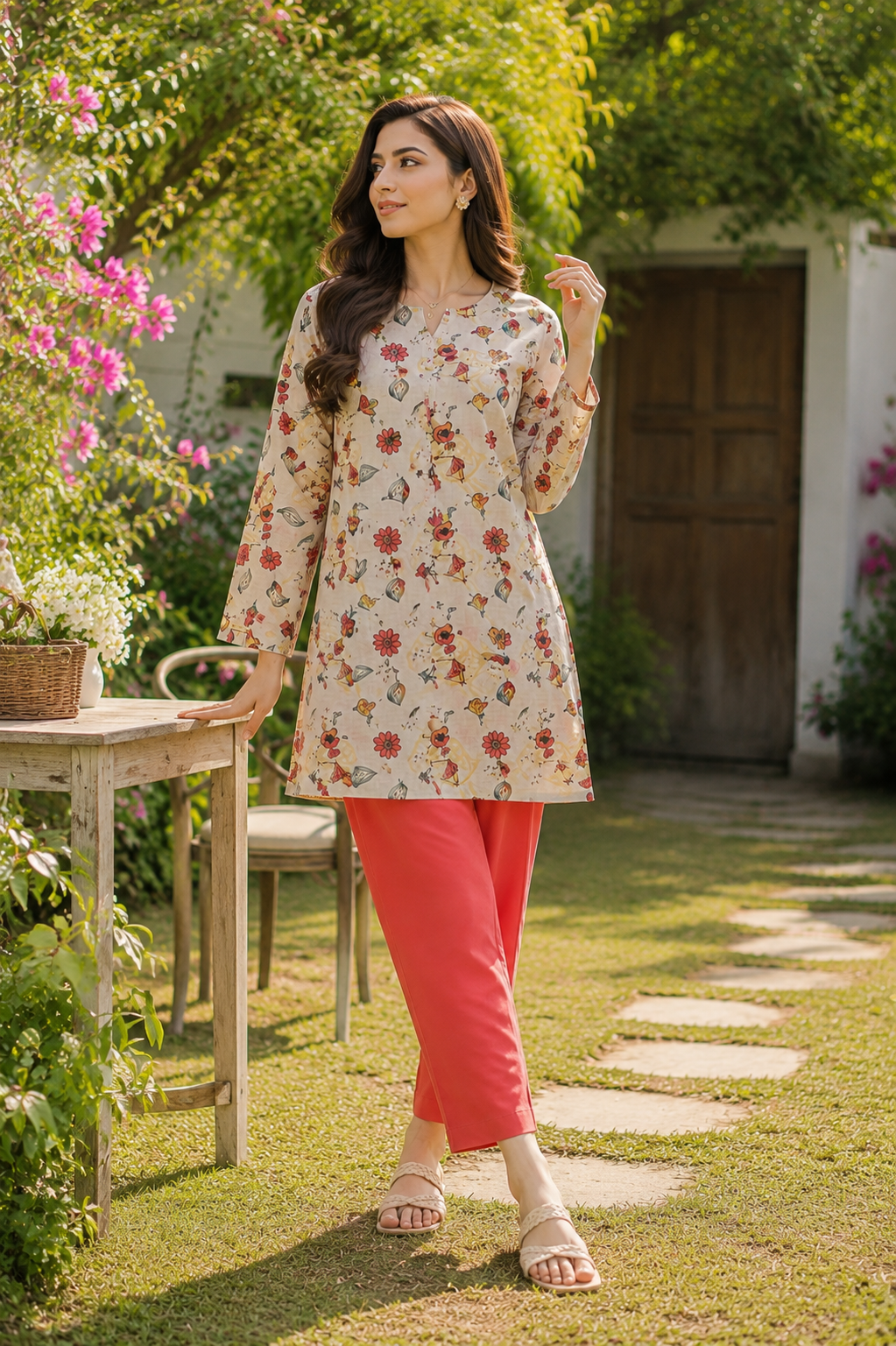 Cream Printed 2 Piece Unstitch Lawn Suit