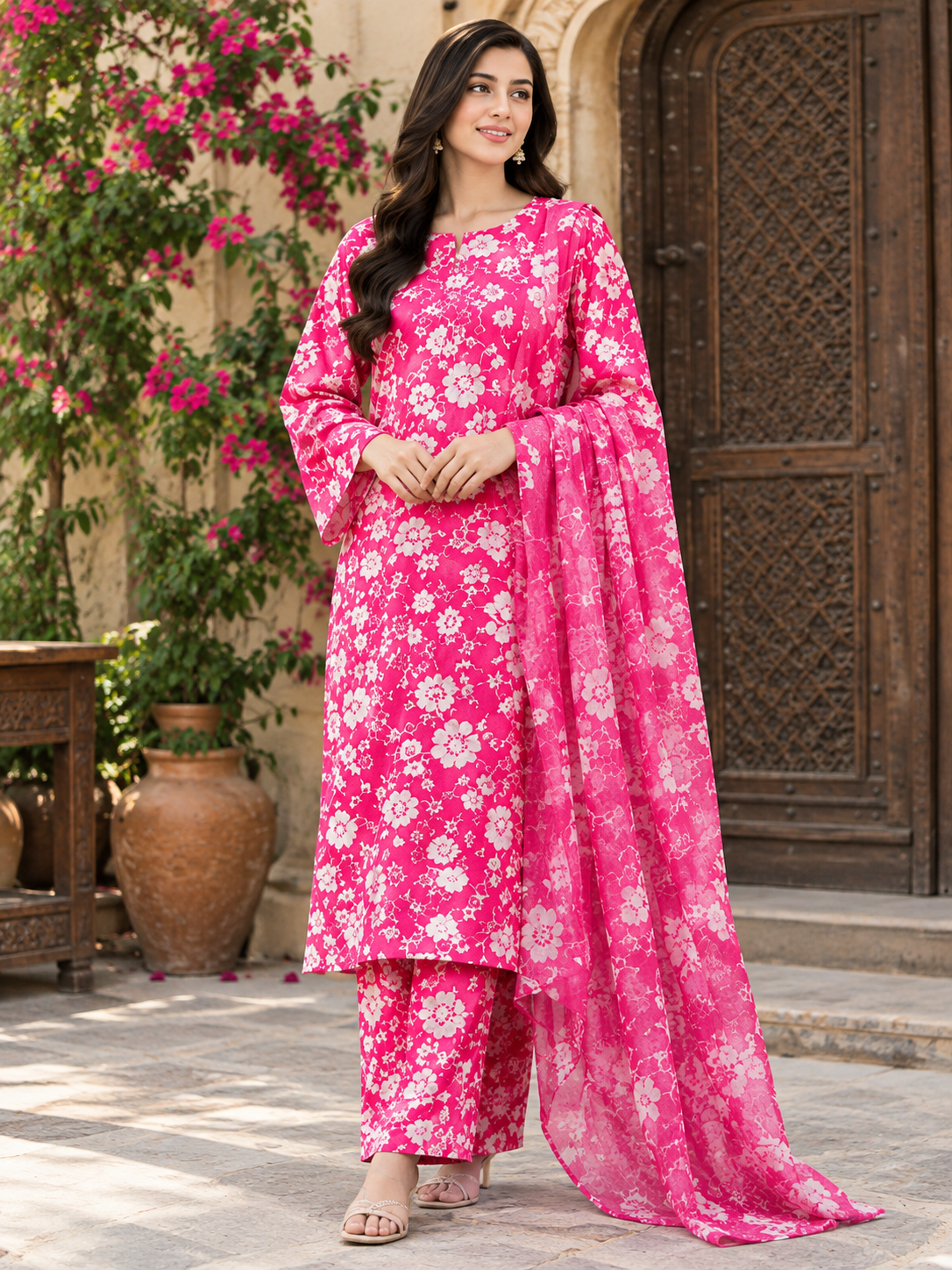 Linen Unstich 3-Piece Suit with Pure Bember Dupatta